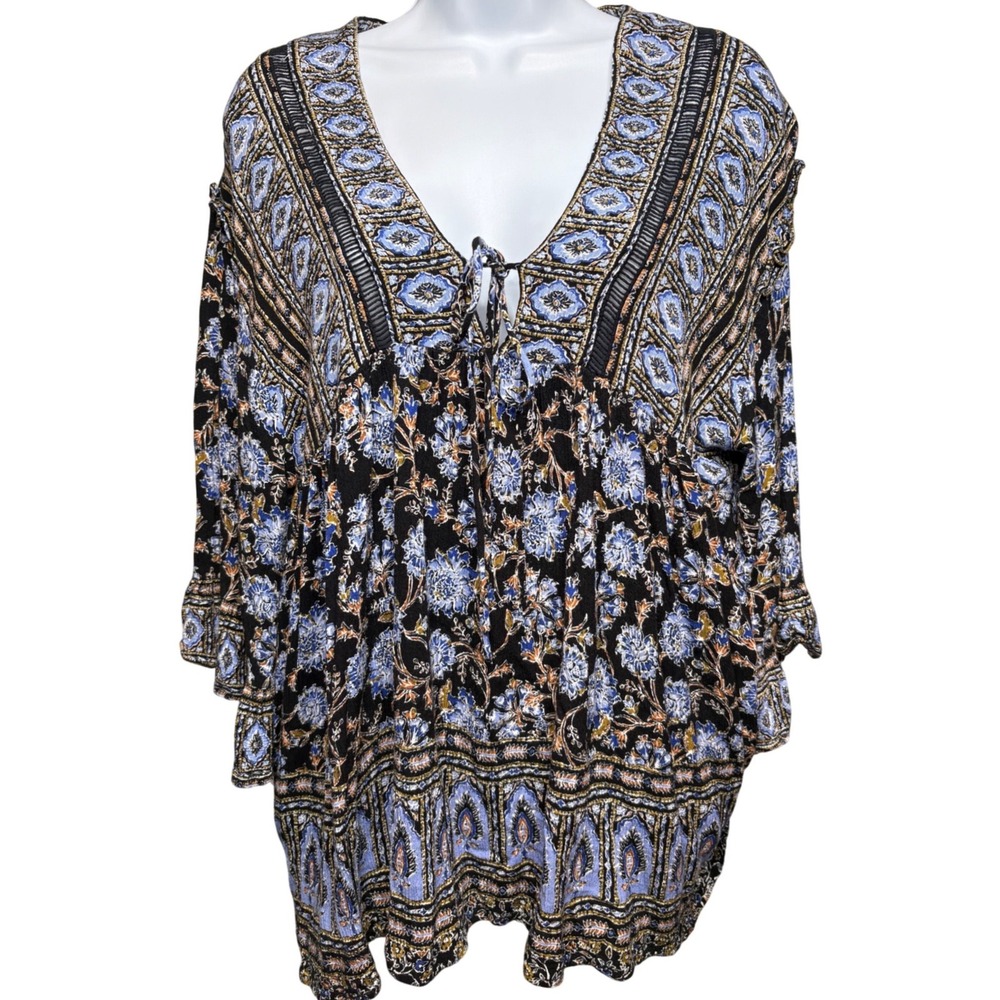 FREE PEOPLE Womens Black Blue Floral Peasant Top Sz S Boho Coachella Indie Girly